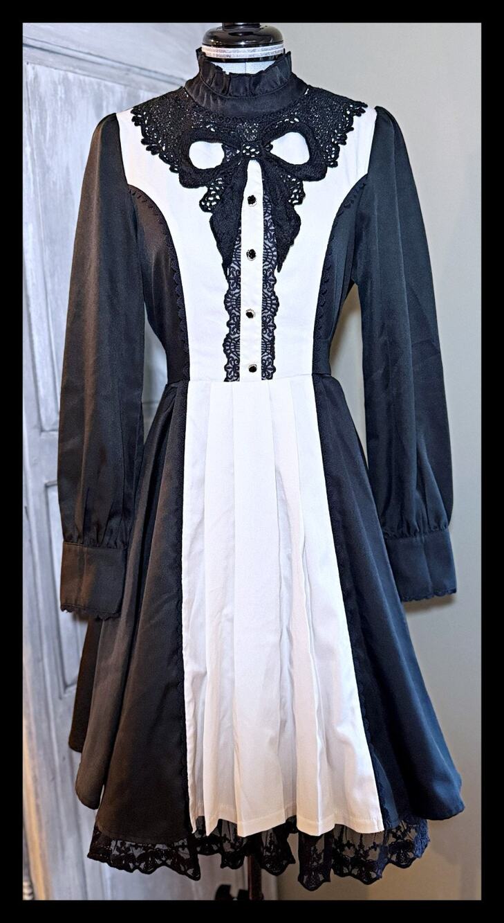 Axes Femme Kawaii Ribbon Lace Blocking Dress Black Gothic Lolita Jfashion Size M